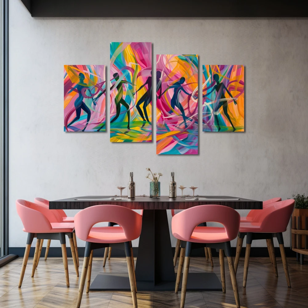 Cuadro efluvios de vitalidad en formato políptico con colores morado, violeta, pastel; decorando pared de restaurante