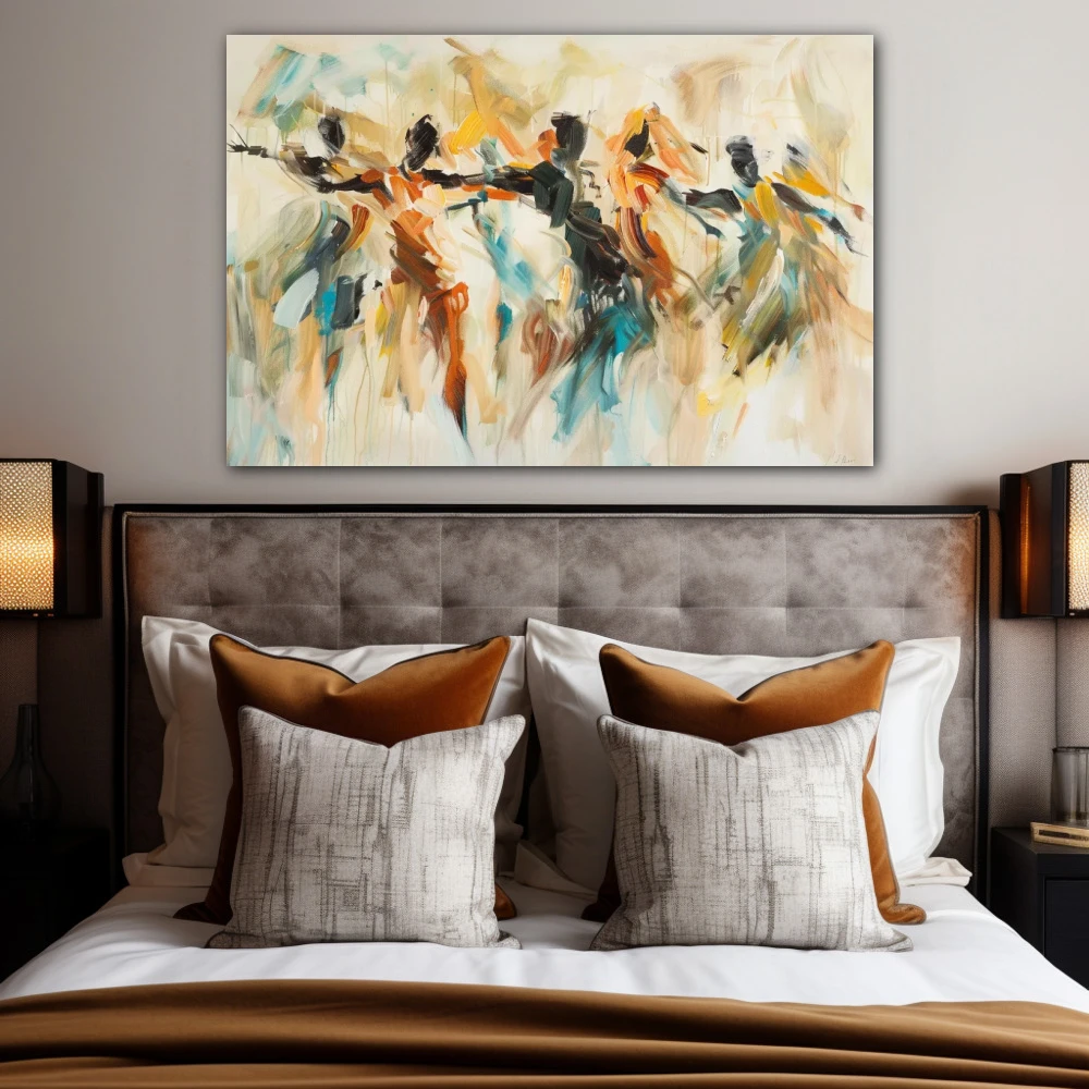 Cuadro remolinos del ser en formato horizontal con colores marrón, beige, pastel; decorando pared de habitación dormitorio