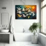 Wall Art titled: Flights at Dawn in a Horizontal format with: Yellow, and Blue Colors; Decoration the Bathroom wall