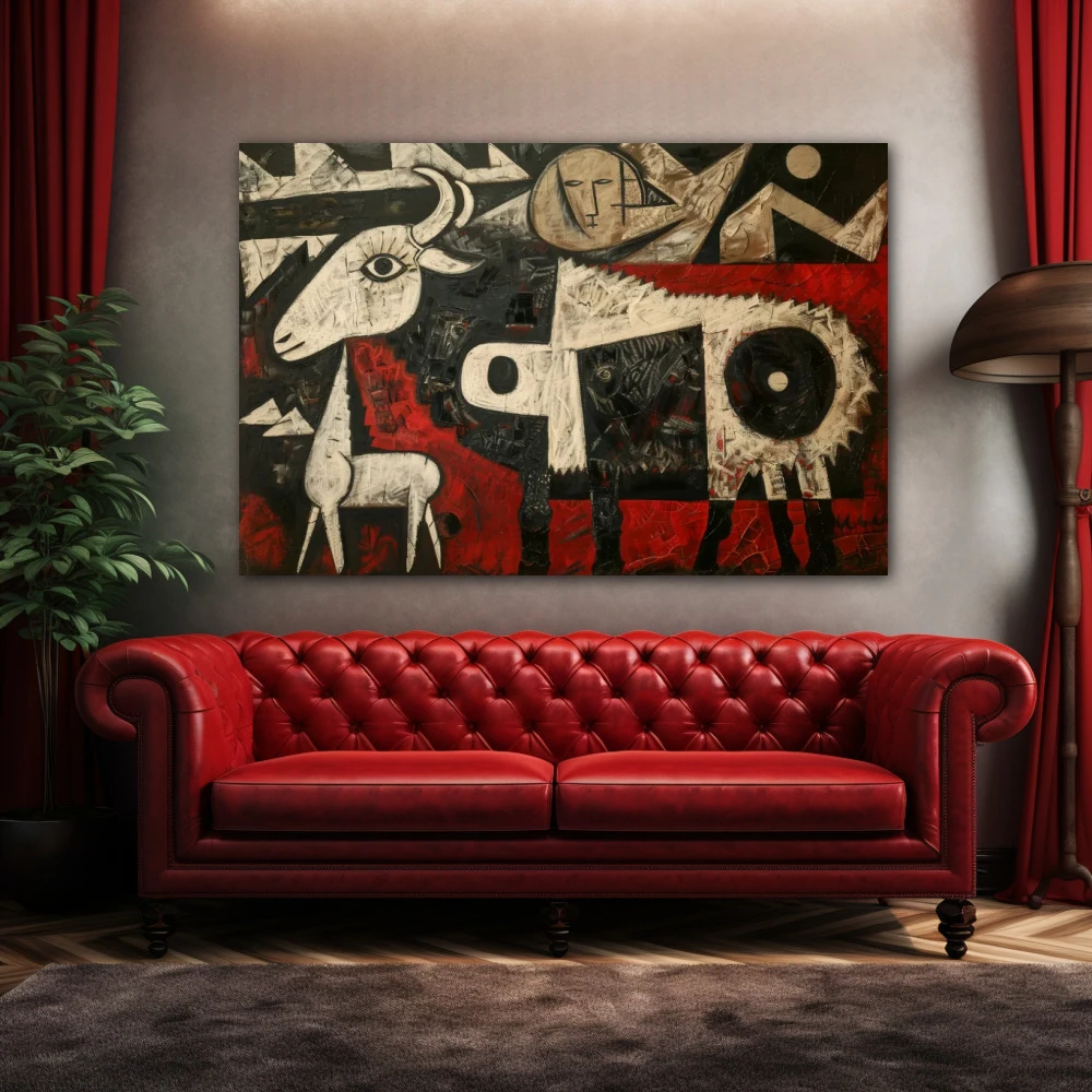 Cuadro armonía disruptiva en formato horizontal con colores gris, negro, rojo; decorando pared de encima del sofá