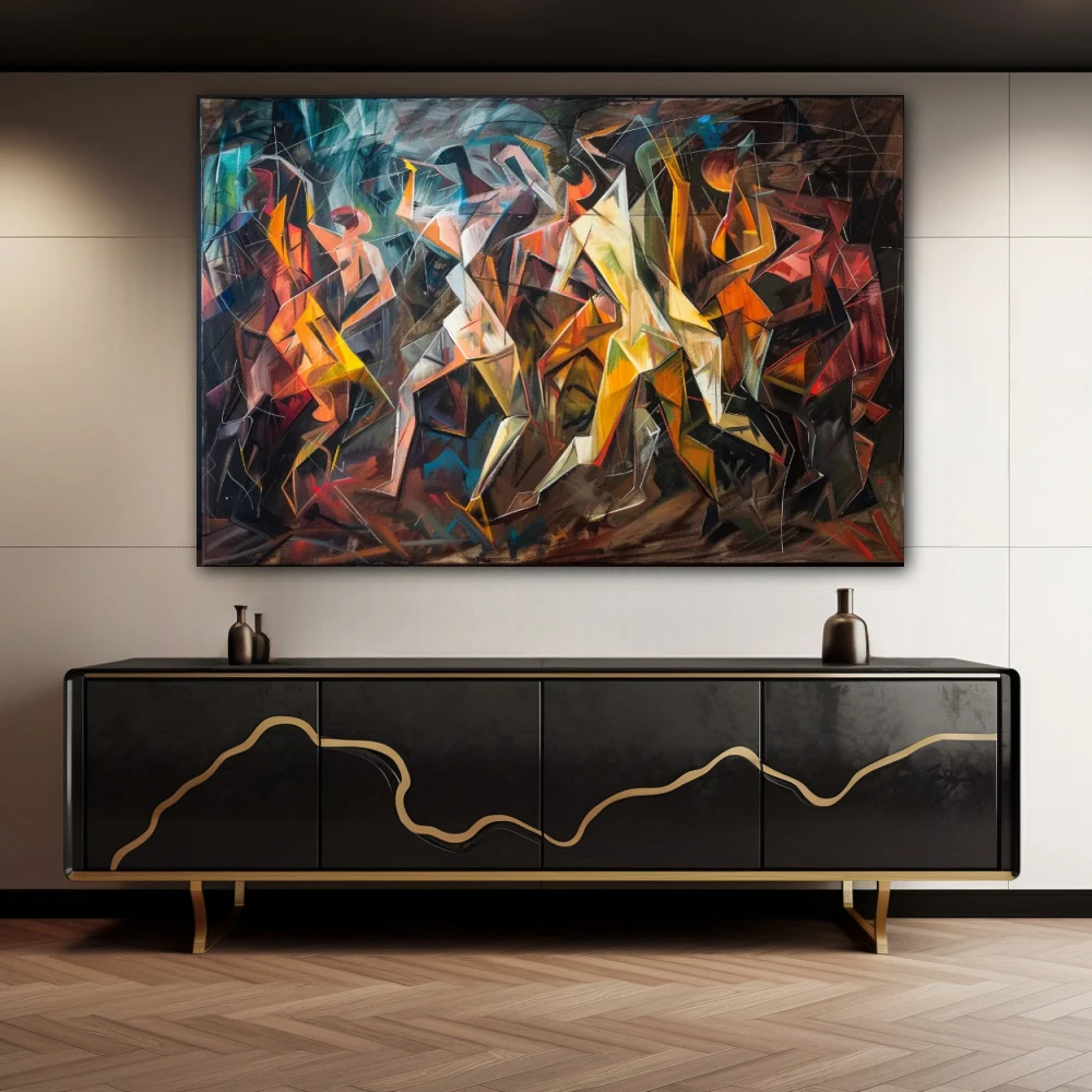 Wall Art titled: La Dance of the Subconscious in a Horizontal format with: Yellow, Brown, and Vivid Colors; Decoration the Sideboard wall