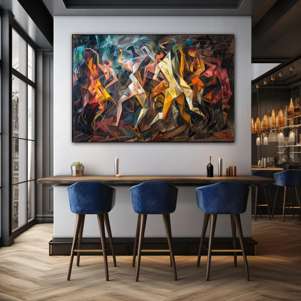 Wall Art titled: La Dance of the Subconscious in a Horizontal format with: Yellow, Brown, and Vivid Colors; Decoration the Bar wall