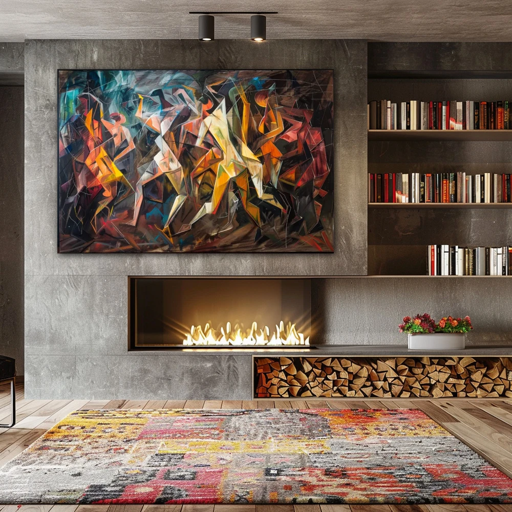 Wall Art titled: La Dance of the Subconscious in a Horizontal format with: Yellow, Brown, and Vivid Colors; Decoration the Fireplace wall