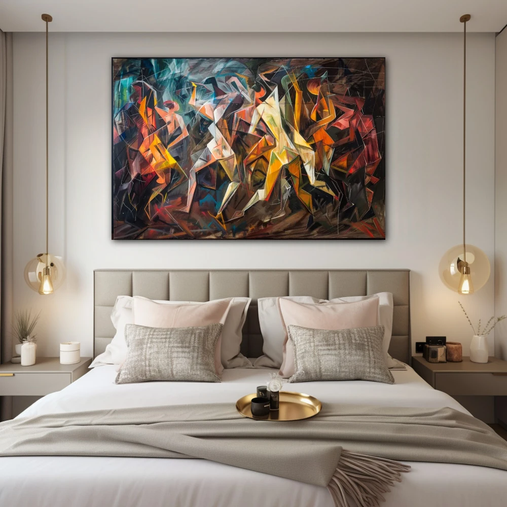 Wall Art titled: La Dance of the Subconscious in a Horizontal format with: Yellow, Brown, and Vivid Colors; Decoration the Bedroom wall