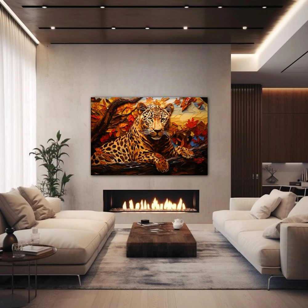 Wall Art titled: Wild Elegance in a Horizontal format with: Brown, and Orange Colors; Decoration the Fireplace wall