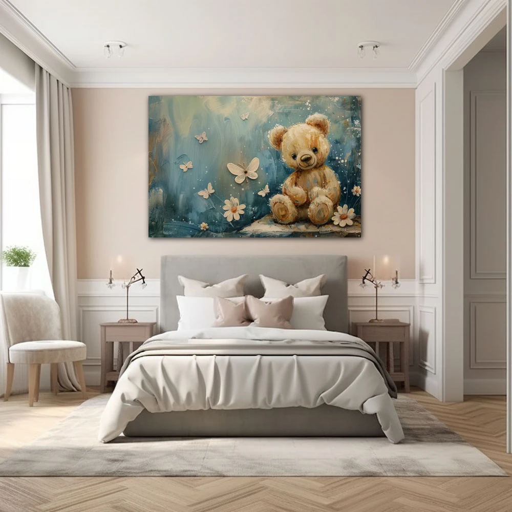 Cuadro oso entre mariposas eternas en formato horizontal con colores azul, blanco, marrón; decorando pared de habitación dormitorio