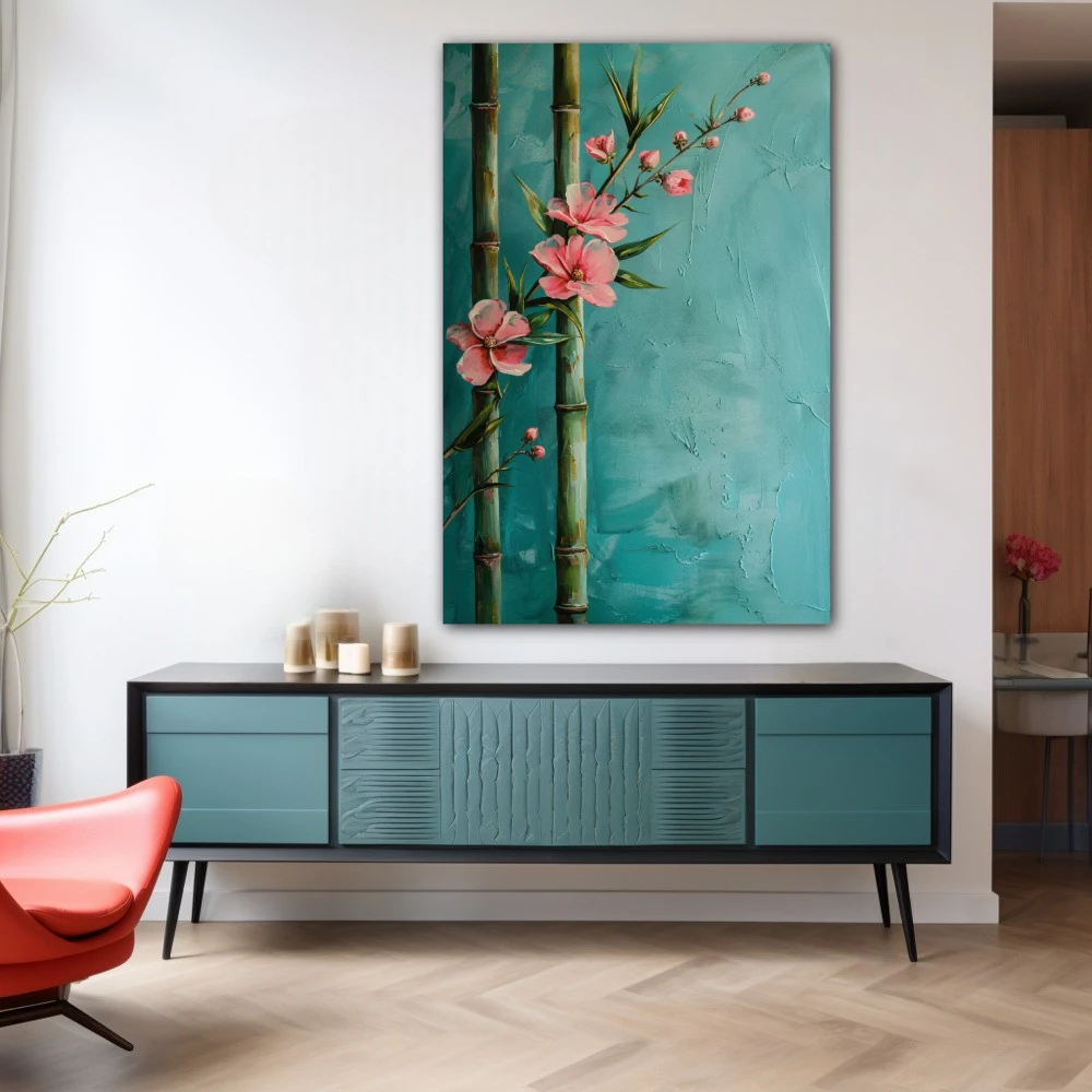Wall Art titled: Resilience of Bamboo in a Vertical format with: Sky blue, and Pink Colors; Decoration the Sideboard wall