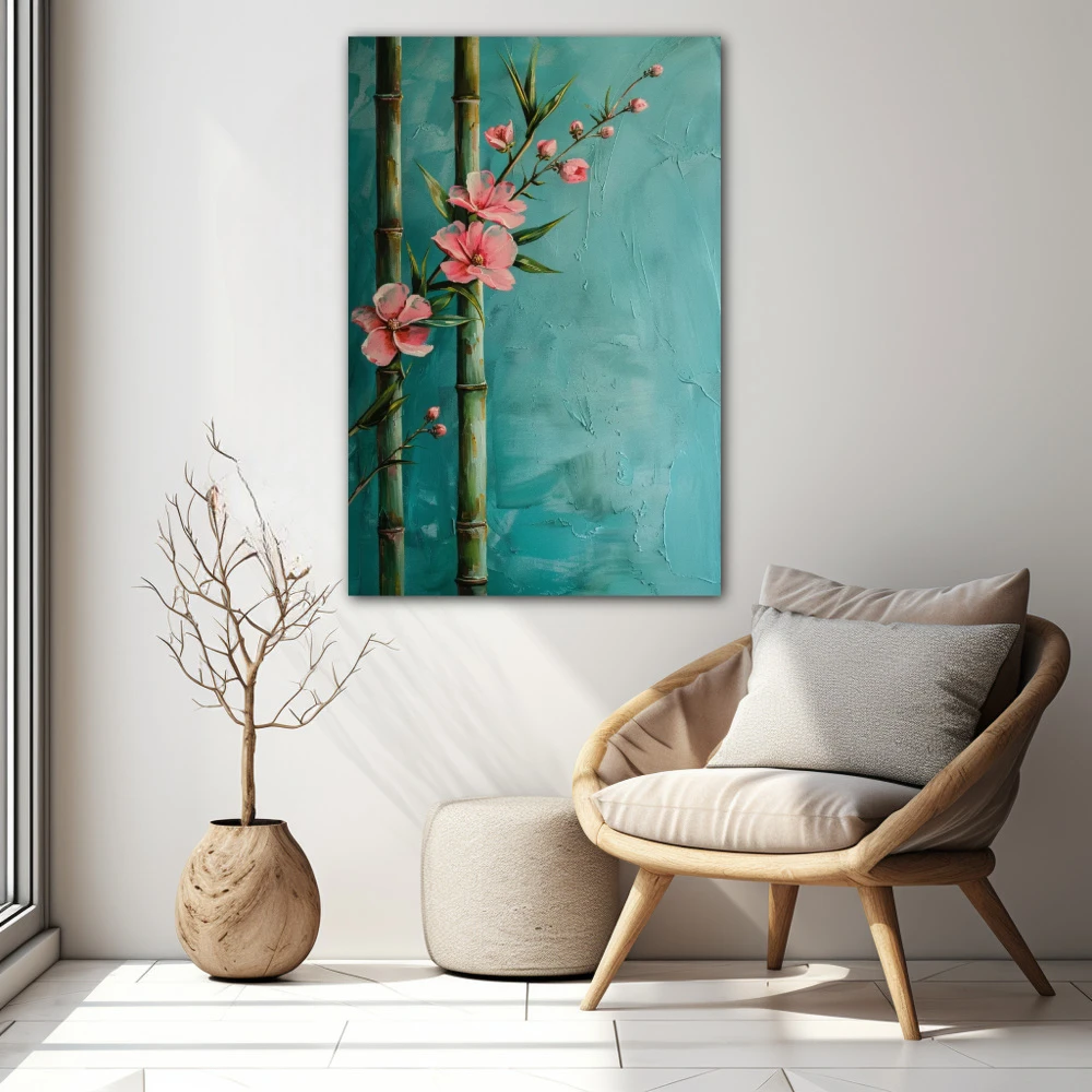 Wall Art titled: Resilience of Bamboo in a Vertical format with: Sky blue, and Pink Colors; Decoration the White Wall wall