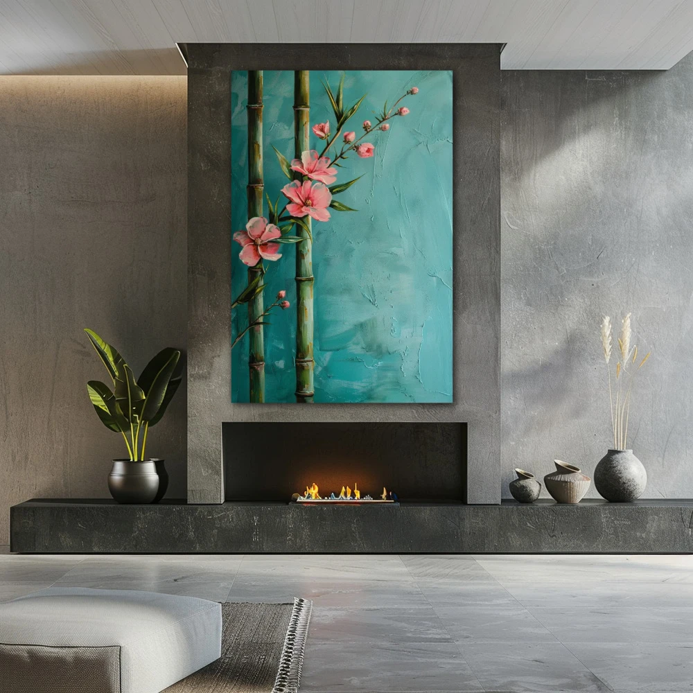 Wall Art titled: Resilience of Bamboo in a Vertical format with: Sky blue, and Pink Colors; Decoration the Fireplace wall