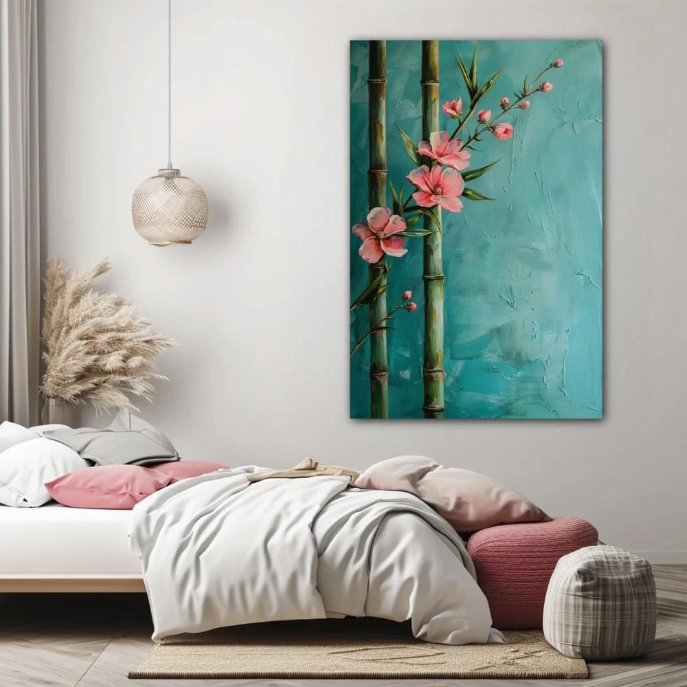 Cuadro resiliencia del bambú en formato vertical con colores celeste, rosa; decorando pared de habitación dormitorio