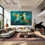 Wall Art titled: Synchronized Souls in a Horizontal format with: Yellow, Blue, and Sky blue Colors; Decoration the Living Room wall