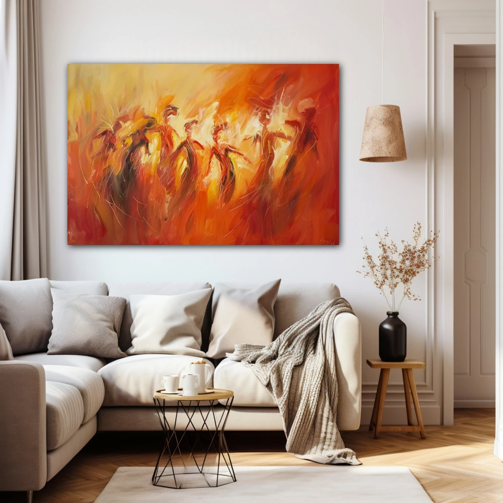 Cuadro danza de emociones ocultas en formato horizontal con colores naranja, rojo, monocromático; decorando pared beige