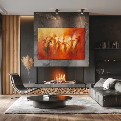 Wall Art titled: Dance of Hidden Emotions in a  format with: Orange, Red, and Monochromatic Colors; Decoration the Fireplace wall