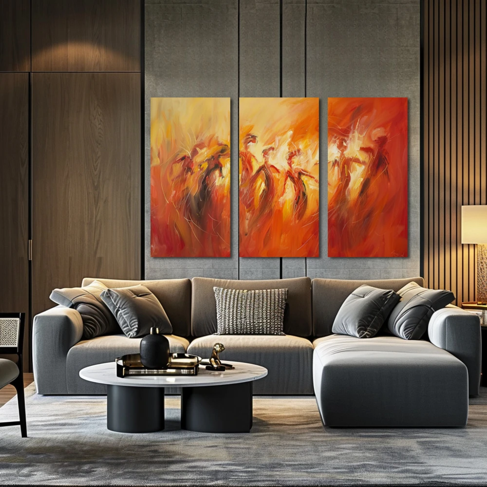 Cuadro danza de emociones ocultas en formato tríptico con colores naranja, rojo, monocromático; decorando pared de encima del sofá