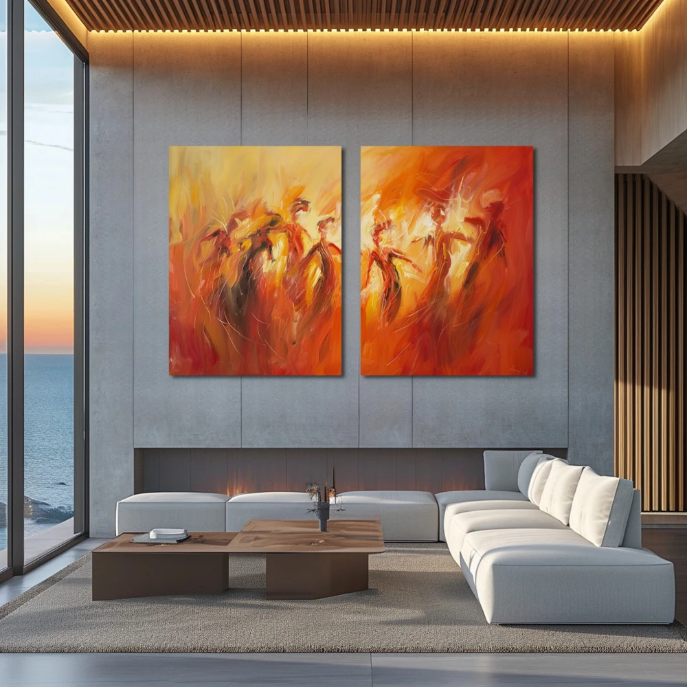 Wall Art titled: Dance of Hidden Emotions in a Horizontal format with: Orange, Red, and Monochromatic Colors; Decoration the Above Couch wall