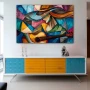 Wall Art titled: Cubism Chords in a Horizontal format with: Blue, Sky blue, and Orange Colors; Decoration the Sideboard wall