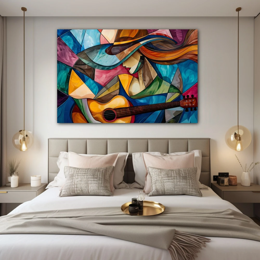 Cuadro acordes del cubismo en formato horizontal con colores azul, celeste, naranja; decorando pared de habitación dormitorio
