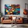 Wall Art titled: Cubism Chords in a Horizontal format with: Blue, Sky blue, and Orange Colors; Decoration the Living Room wall