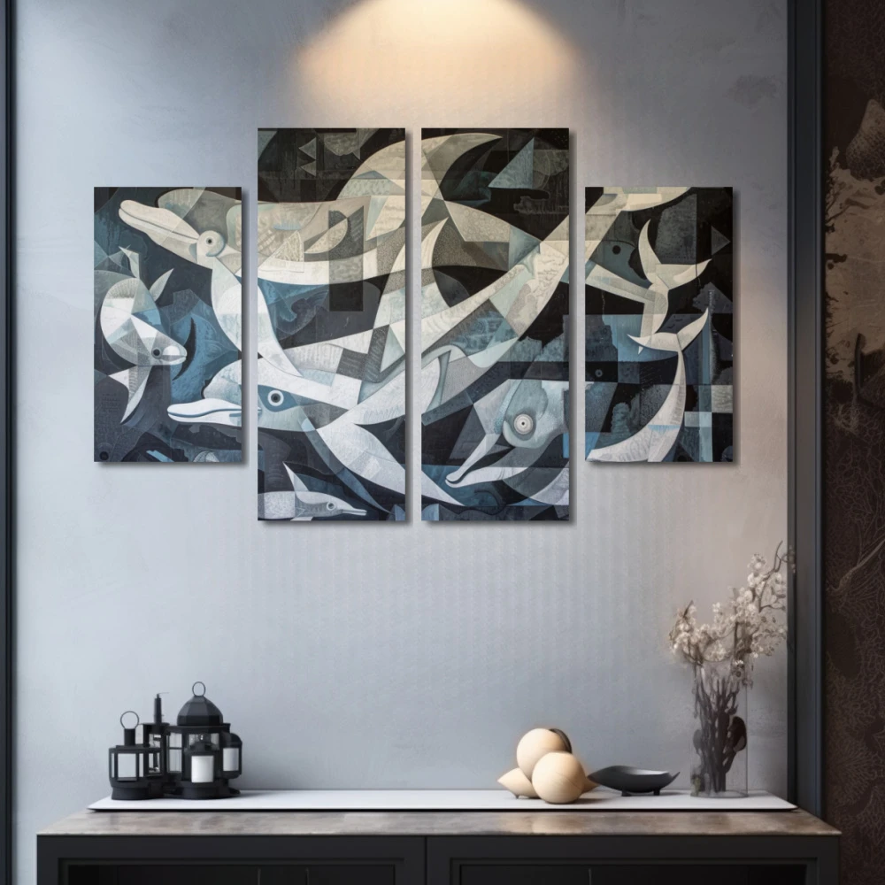 Wall Art titled: Ballet of Abstract Scales in a Horizontal format with: Blue, Grey, and Monochromatic Colors; Decoration the Grey Walls wall