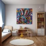 Wall Art titled: the magic rabbit in a Square format with: Blue, Orange, and Vivid Colors; Decoration the Nursery wall