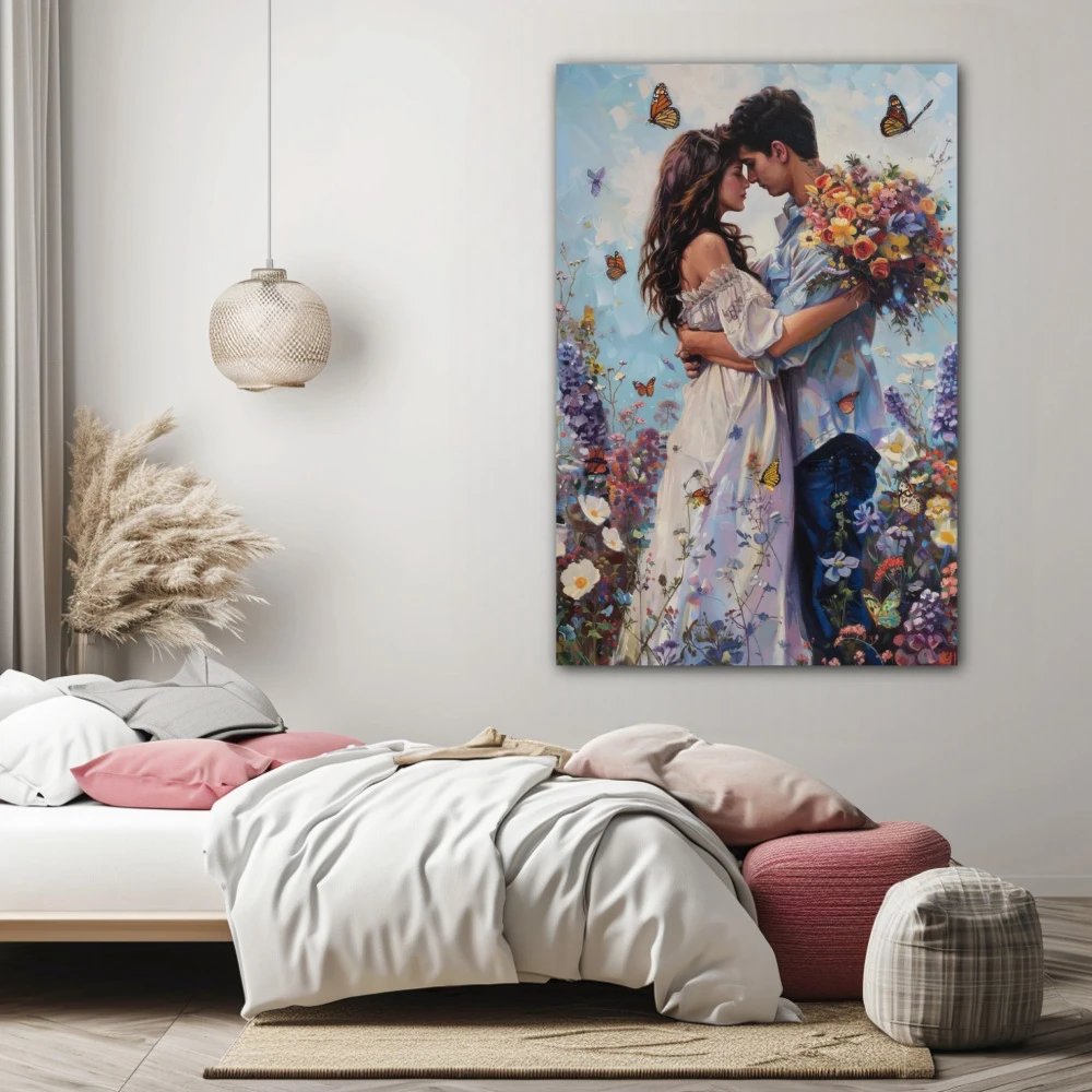 Cuadro abrazo de primavera en formato vertical con colores azul, blanco; decorando pared de habitación dormitorio