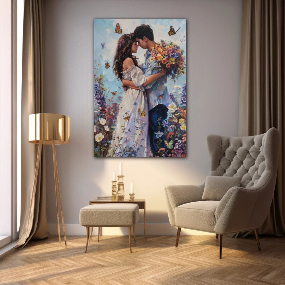 Wall Art titled: Spring Embrace in a Vertical format with: Blue, and white Colors; Decoration the Living Room wall
