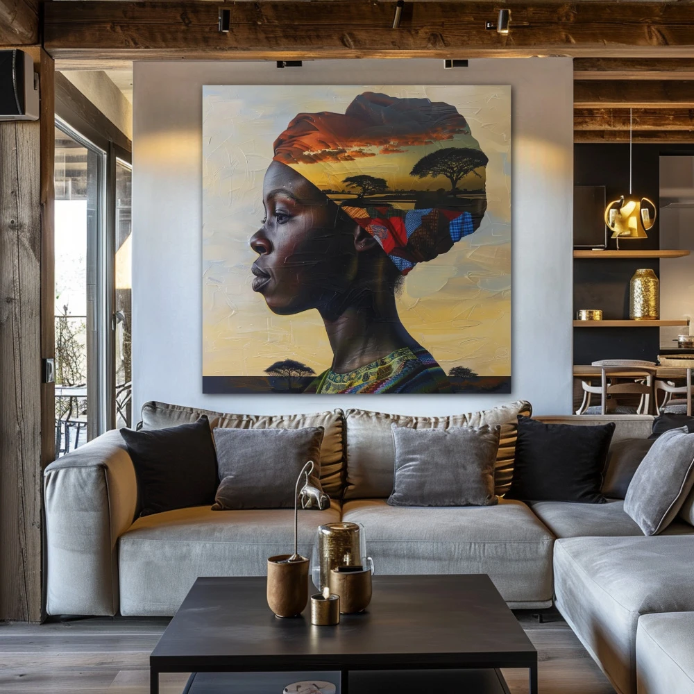 Wall Art titled: Profiles of African Land in a Square format with: Yellow, and Brown Colors; Decoration the Above Couch wall