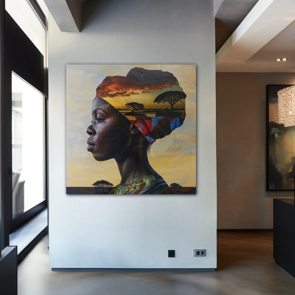 Wall Art titled: Profiles of African Land in a Square format with: Yellow, and Brown Colors; Decoration the Entryway wall