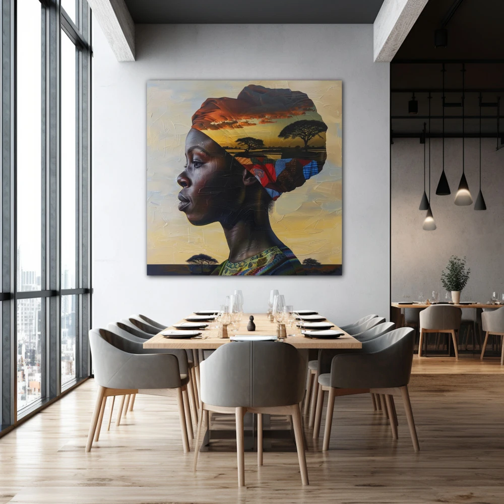 Wall Art titled: Profiles of African Land in a Square format with: Yellow, and Brown Colors; Decoration the Restaurant wall