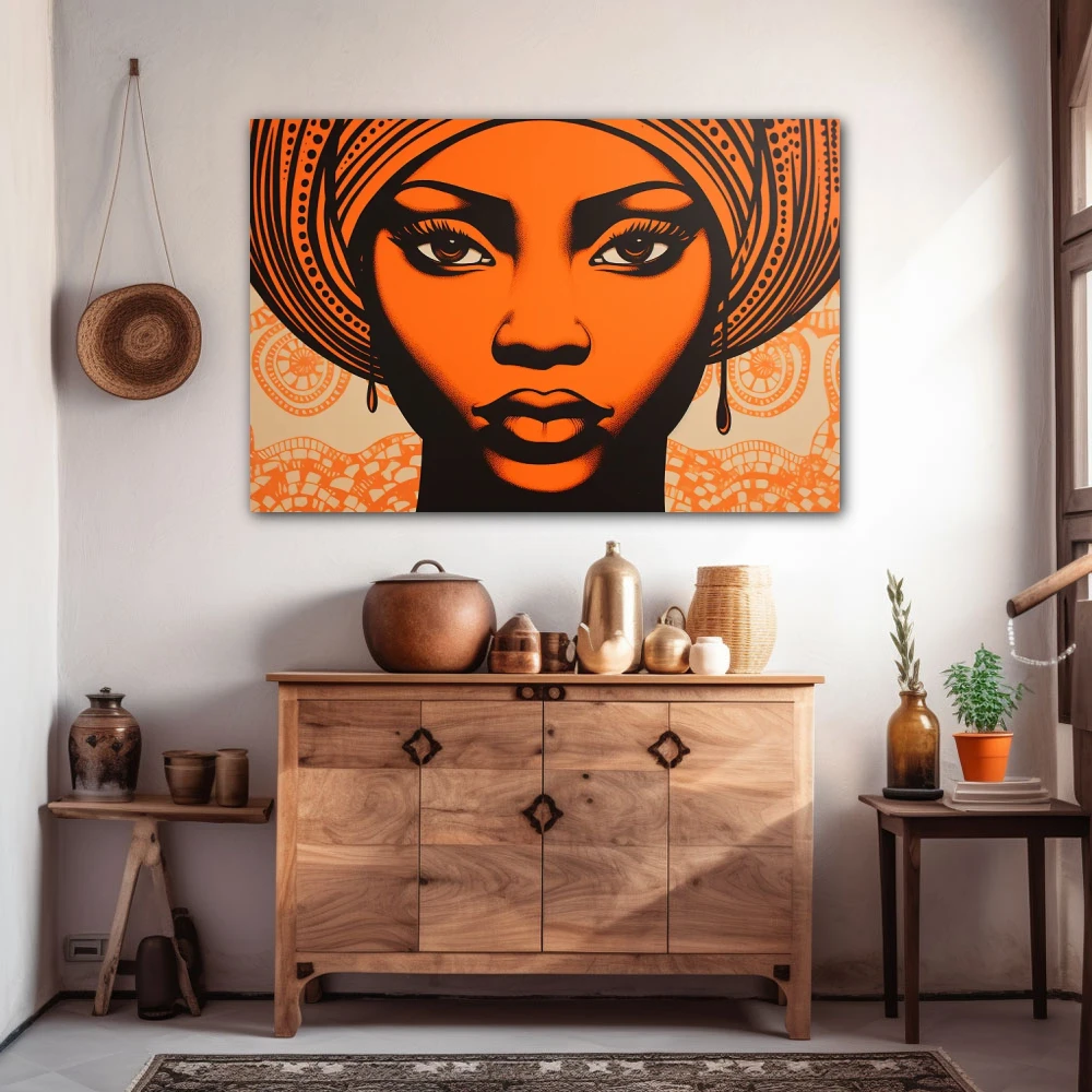 Wall Art titled: Ethnic Serenity in a Horizontal format with: and Orange Colors; Decoration the Sideboard wall