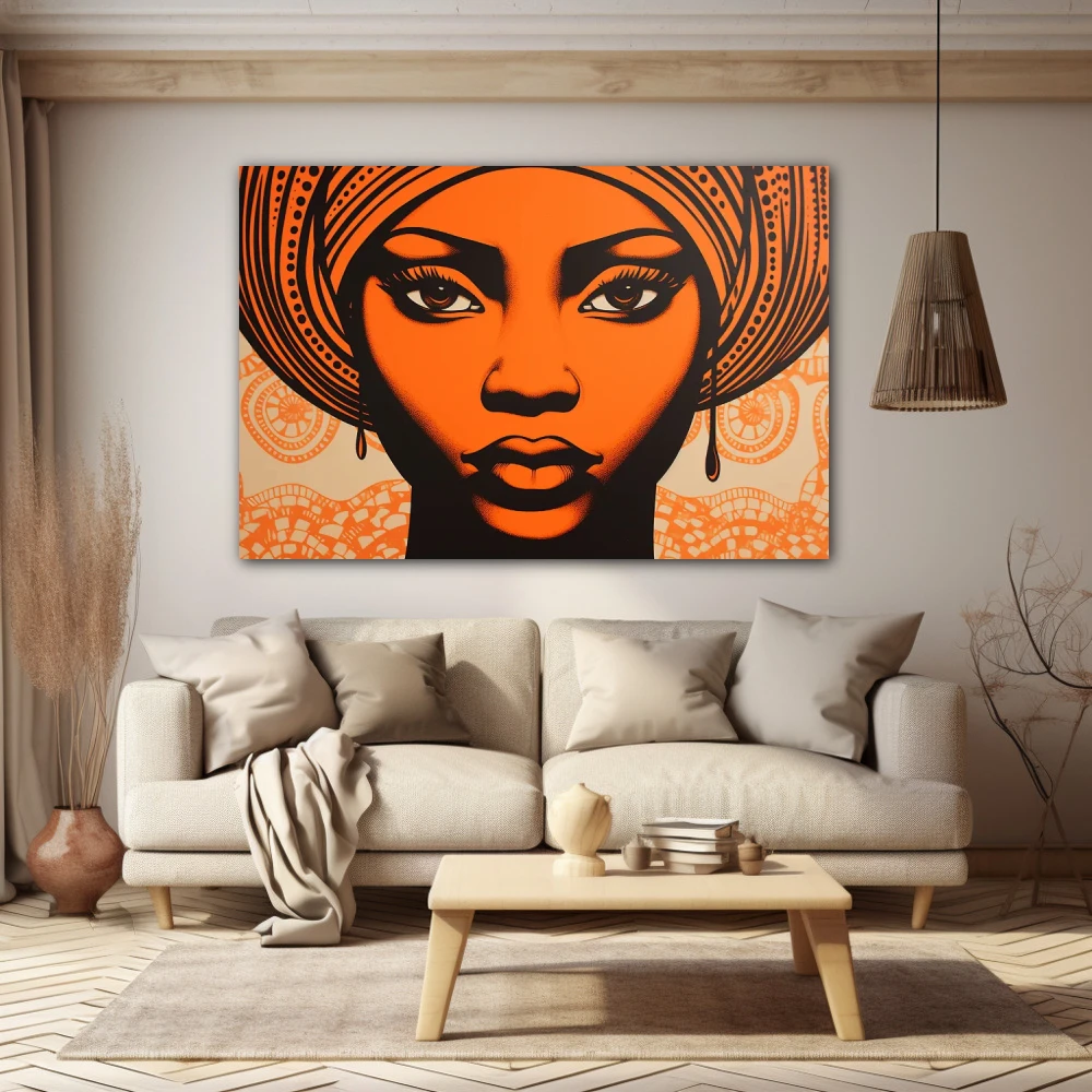 Wall Art titled: Ethnic Serenity in a Horizontal format with: and Orange Colors; Decoration the Beige Wall wall
