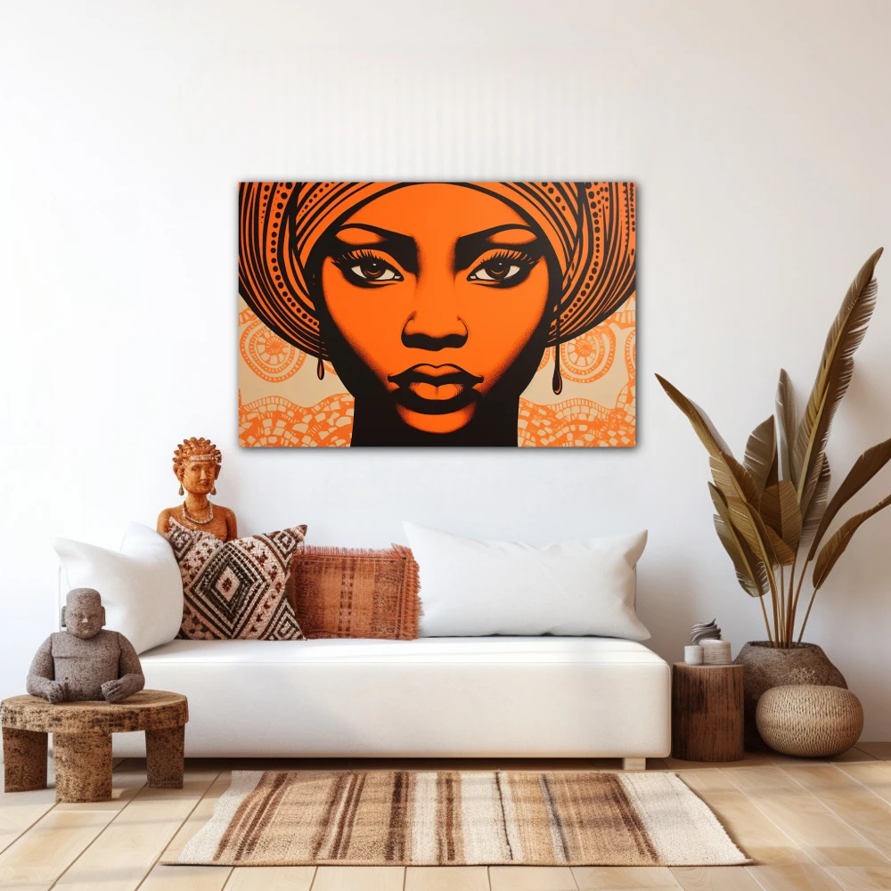 Wall Art titled: Ethnic Serenity in a Horizontal format with: and Orange Colors; Decoration the White Wall wall