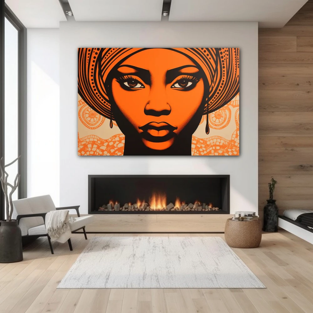 Wall Art titled: Ethnic Serenity in a Horizontal format with: and Orange Colors; Decoration the Fireplace wall