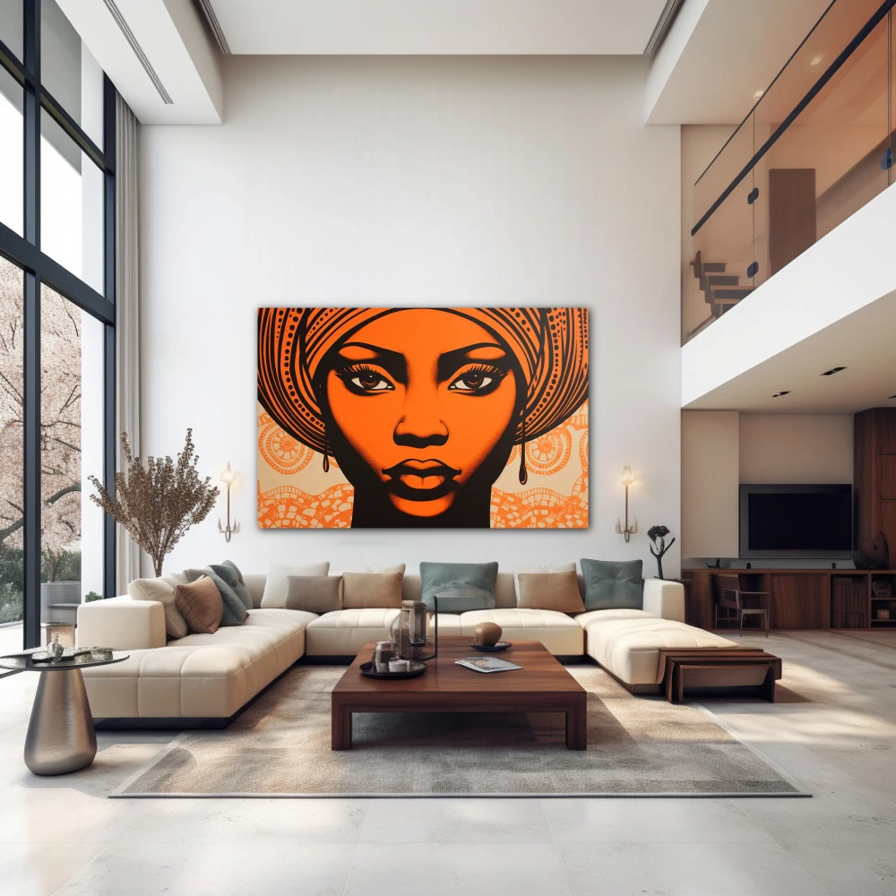 Wall Art titled: Ethnic Serenity in a Horizontal format with: and Orange Colors; Decoration the Above Couch wall