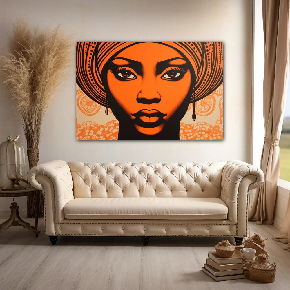 Wall Art titled: Ethnic Serenity in a Horizontal format with: and Orange Colors; Decoration the Above Couch wall
