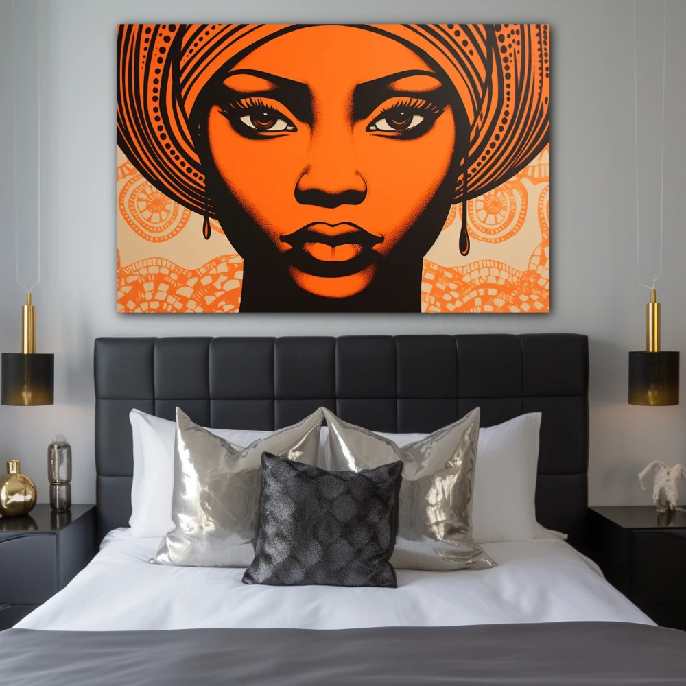 Cuadro serenidad étnica en formato horizontal con colores naranja; decorando pared de habitación dormitorio