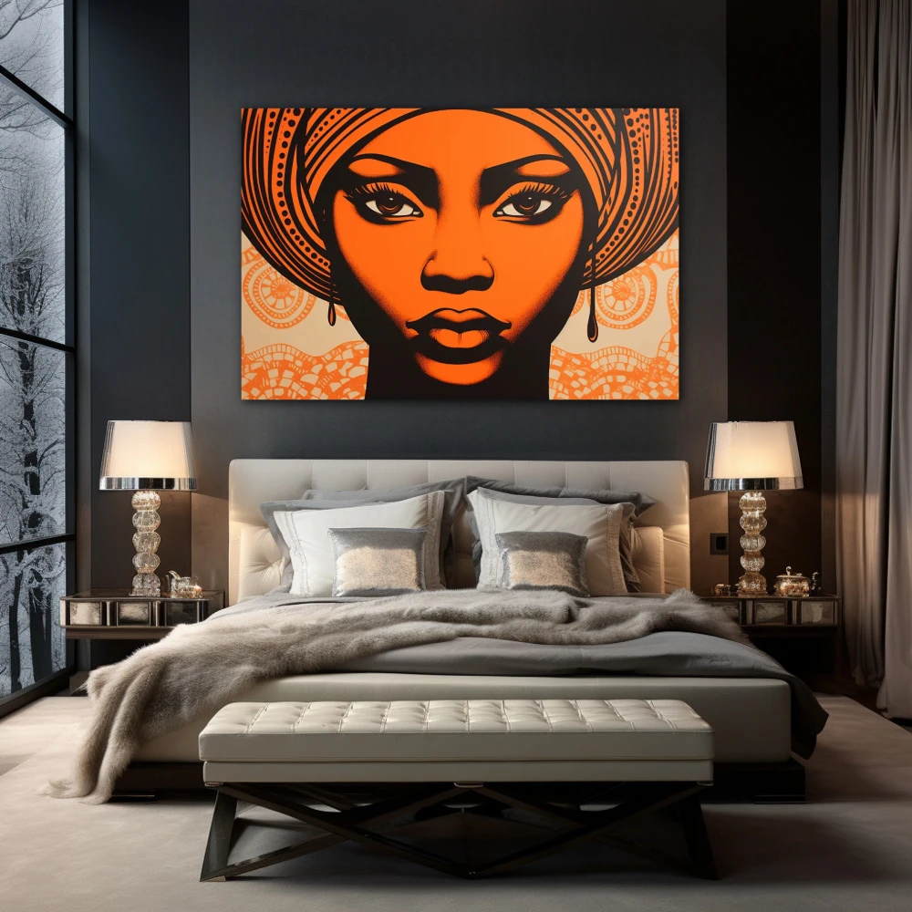 Wall Art titled: Ethnic Serenity in a Horizontal format with: and Orange Colors; Decoration the Bedroom wall