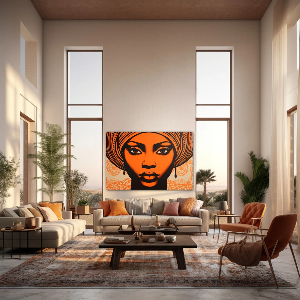 Cuadro serenidad étnica en formato horizontal con colores naranja; decorando pared de salón comedor