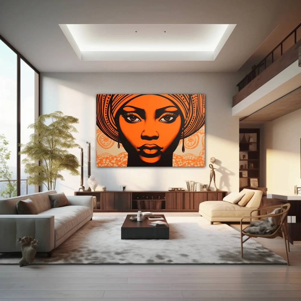 Wall Art titled: Ethnic Serenity in a Horizontal format with: and Orange Colors; Decoration the Living Room wall