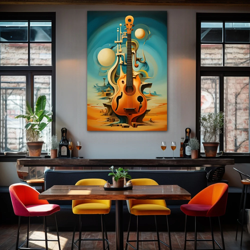 Wall Art titled: Arpeggios Dream in a Vertical format with: Sky blue, and Orange Colors; Decoration the Bar wall