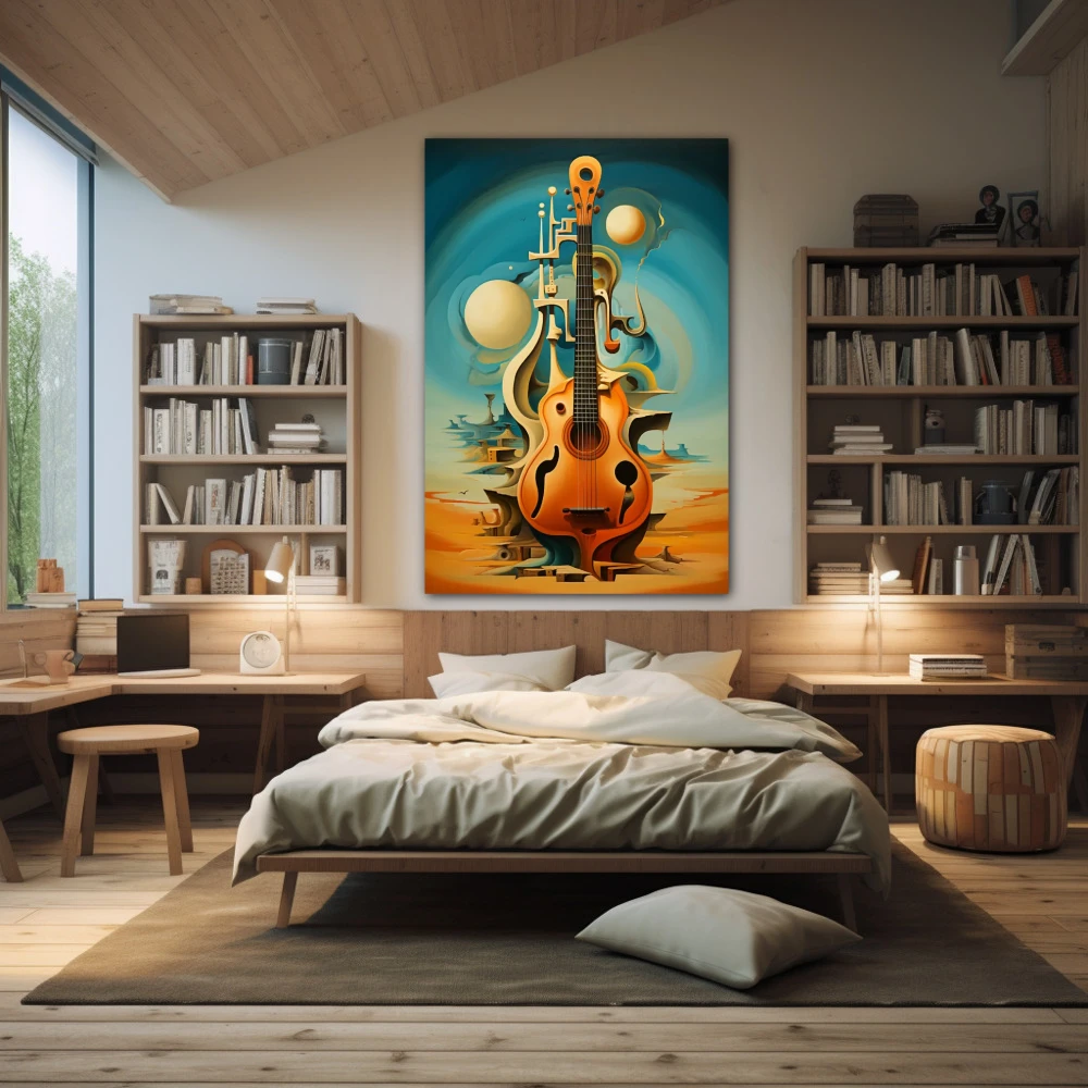 Wall Art titled: Arpeggios Dream in a Vertical format with: Sky blue, and Orange Colors; Decoration the Teenage wall