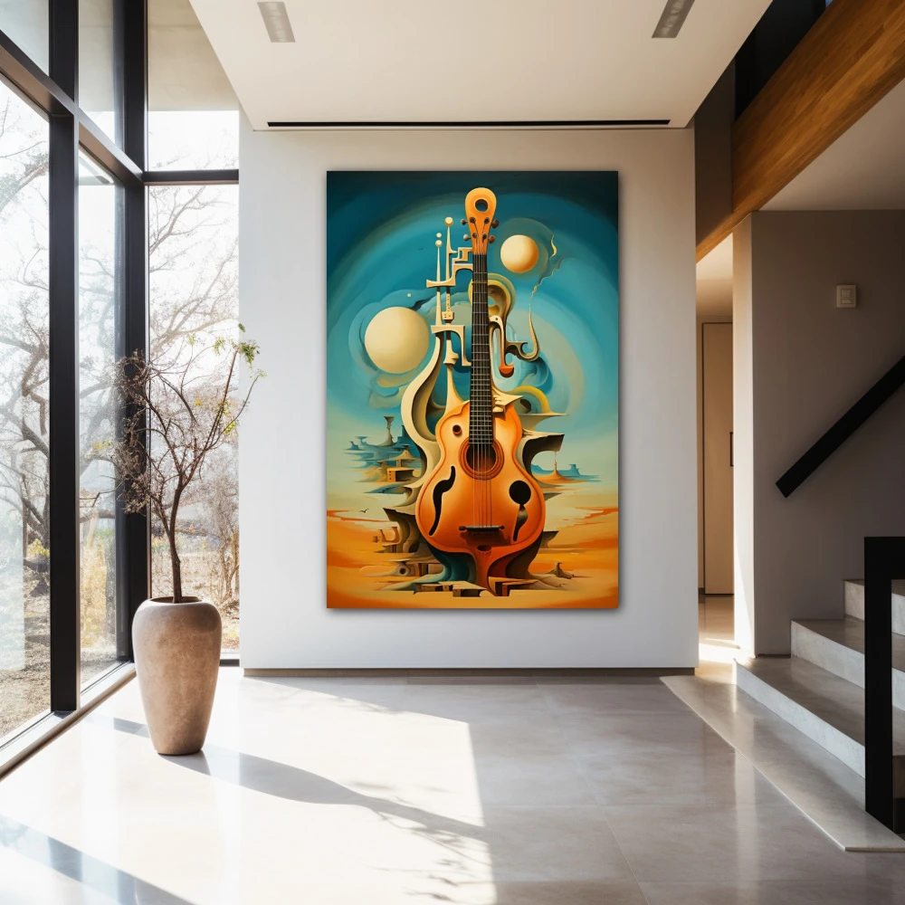 Wall Art titled: Arpeggios Dream in a Vertical format with: Sky blue, and Orange Colors; Decoration the Entryway wall