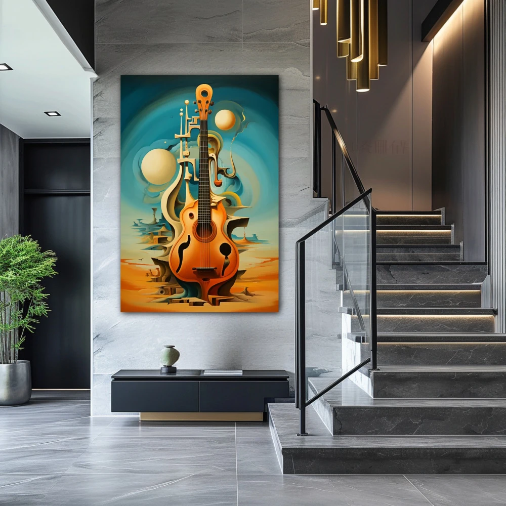 Wall Art titled: Arpeggios Dream in a Vertical format with: Sky blue, and Orange Colors; Decoration the Staircase wall