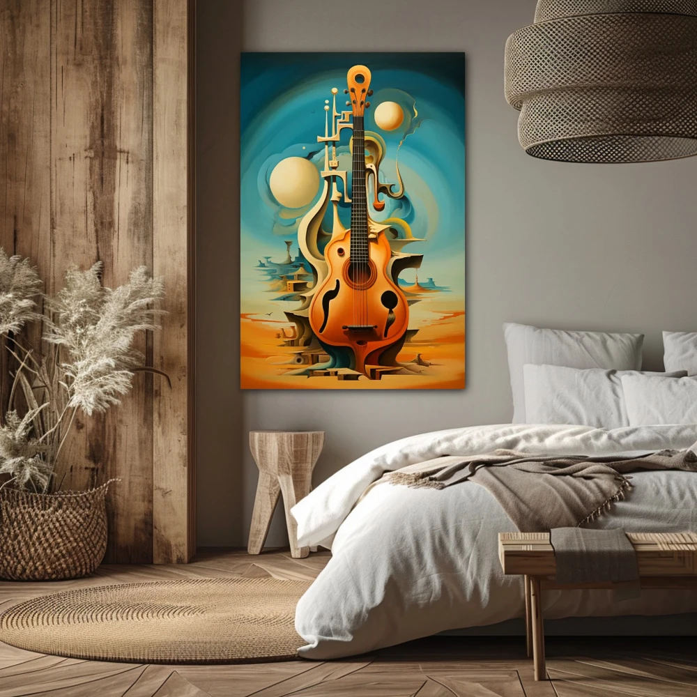 Wall Art titled: Arpeggios Dream in a Vertical format with: Sky blue, and Orange Colors; Decoration the Bedroom wall