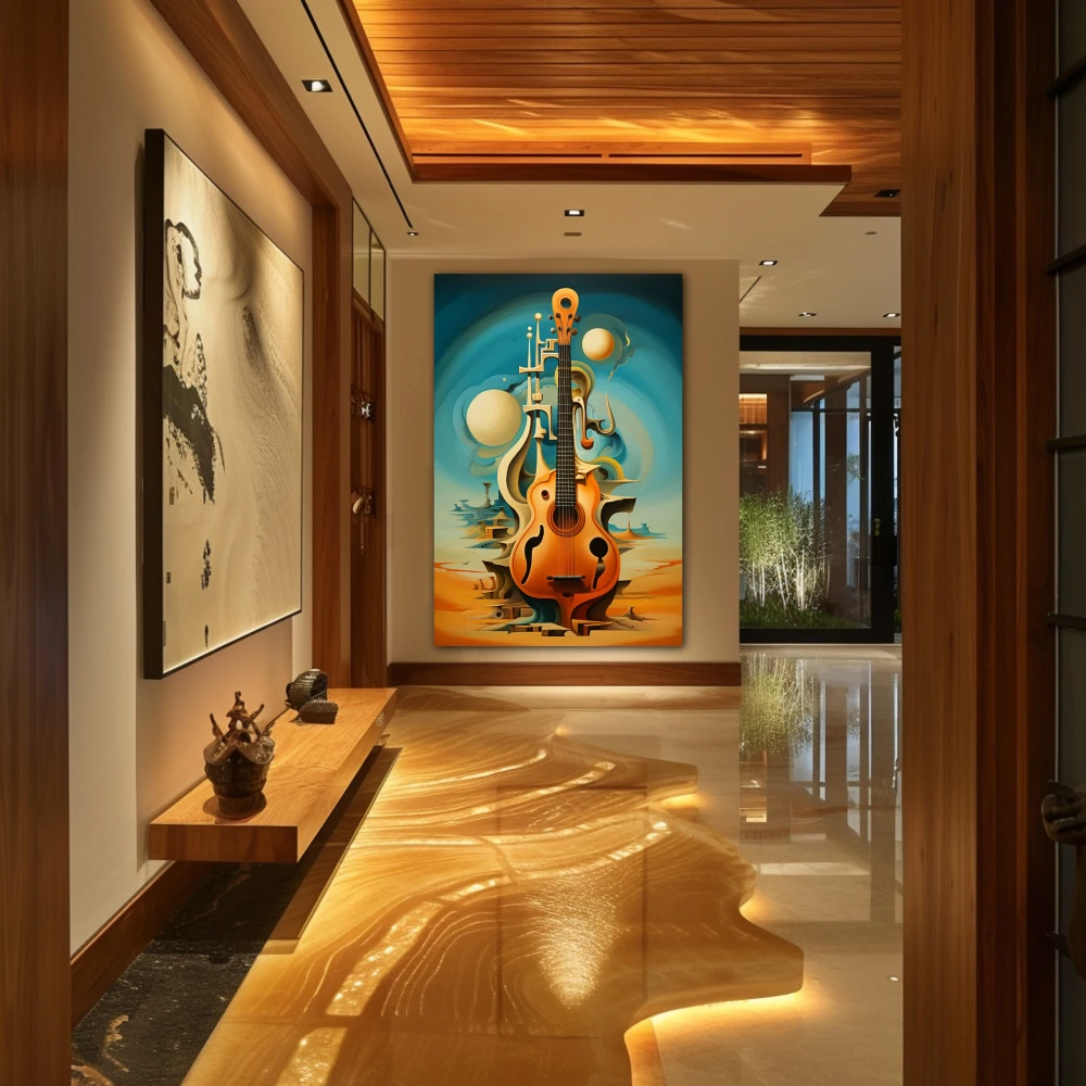 Wall Art titled: Arpeggios Dream in a Vertical format with: Sky blue, and Orange Colors; Decoration the Hallway wall