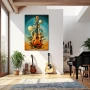 Wall Art titled: Arpeggios Dream in a Vertical format with: Sky blue, and Orange Colors; Decoration the Living Room wall