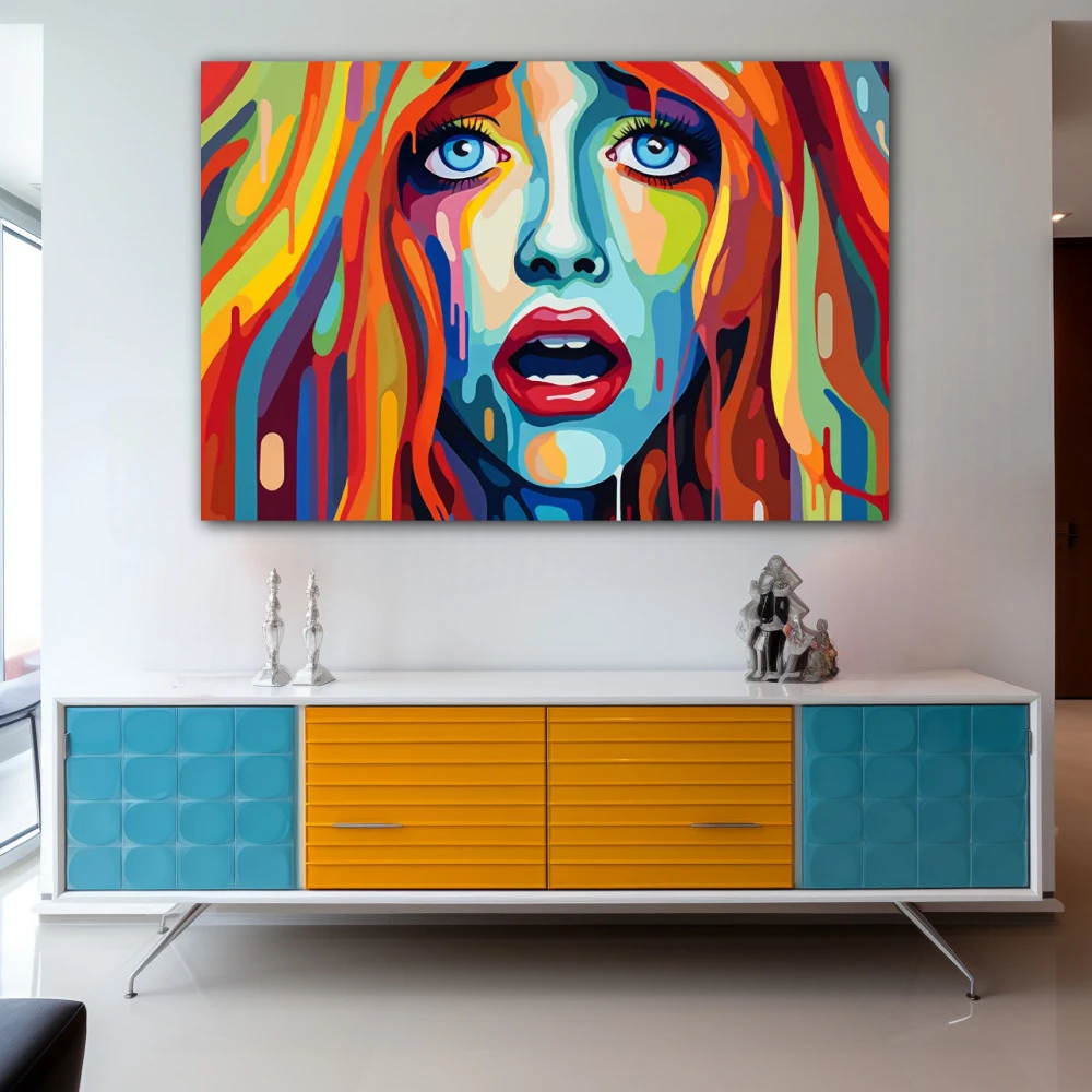 Wall Art titled: Wet Climax in a Horizontal format with: Sky blue, Orange, Red, and Vivid Colors; Decoration the Sideboard wall