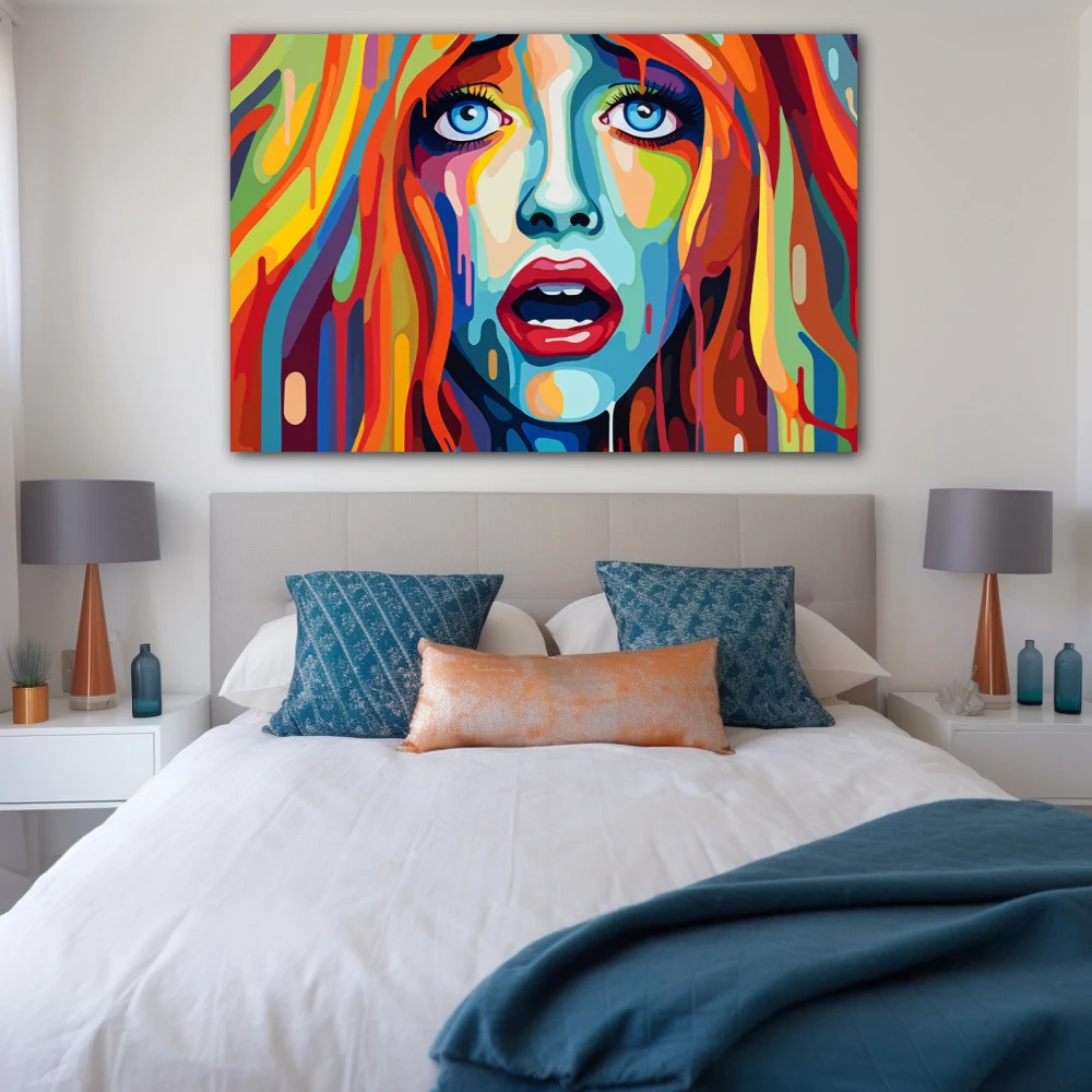 Wall Art titled: Wet Climax in a Horizontal format with: Sky blue, Orange, Red, and Vivid Colors; Decoration the Bedroom wall