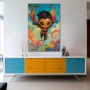 Wall Art titled: Guardian of Winged Dreams in a Vertical format with: Blue, Sky blue, and Mustard Colors; Decoration the Sideboard wall