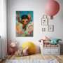 Wall Art titled: Guardian of Winged Dreams in a Vertical format with: Blue, Sky blue, and Mustard Colors; Decoration the Nursery wall
